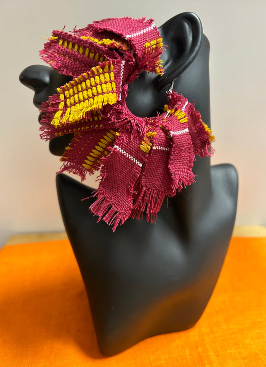 Burgundy & Yellow Kente Cloth hoop earrings-designs by Schequita