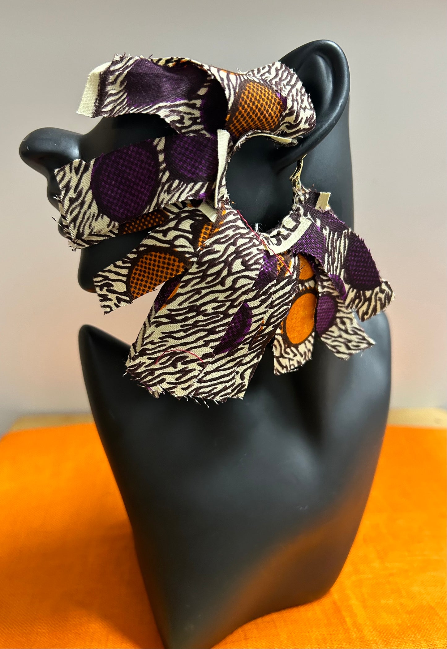 Brown, Orange & Purple Kente Cloth hoop earrings-designs by Schequita