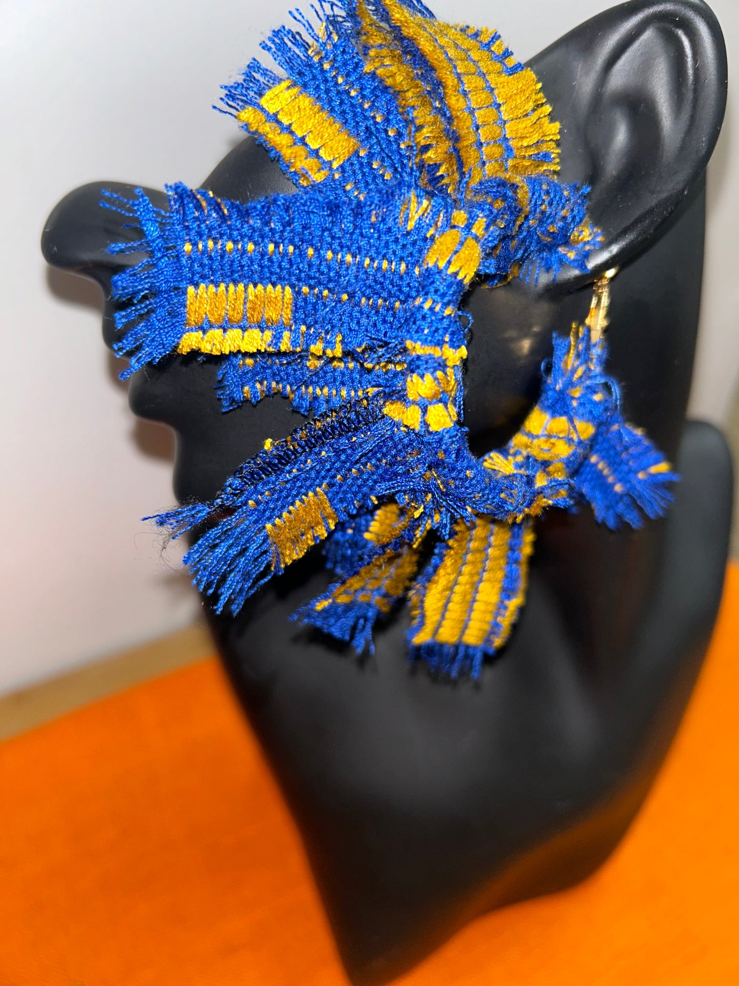 Yellow & Blue Kente Cloth hoop earrings-designs by Schequita