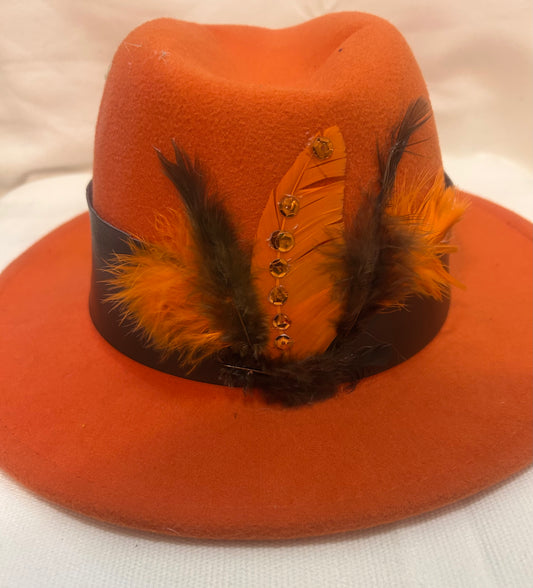 Orange Fedora Hat with designs by Schequita